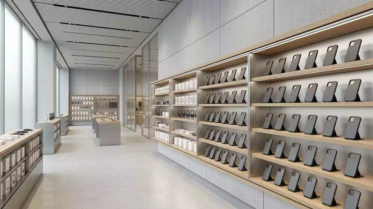 Architektur-Render im Handyzubehoergeschaeft mit Handyhuelle im Ausstellungsbereich