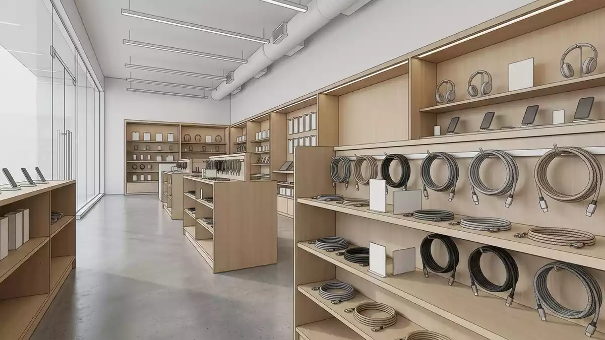 Architektur-Render im Elektrofachgeschaeft mit Ladekabel im Ausstellungsbereich
