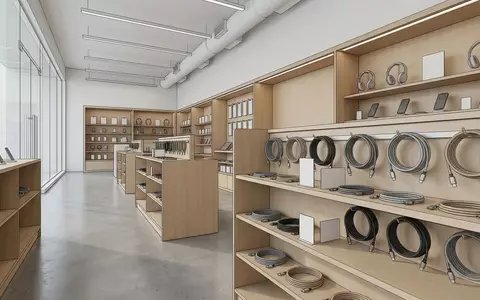 Architektur-Render im Elektrofachgeschaeft mit Ladekabel zum Thema Mophie USB-C auf Lightning, neutrales Tageslicht - Foto: THN