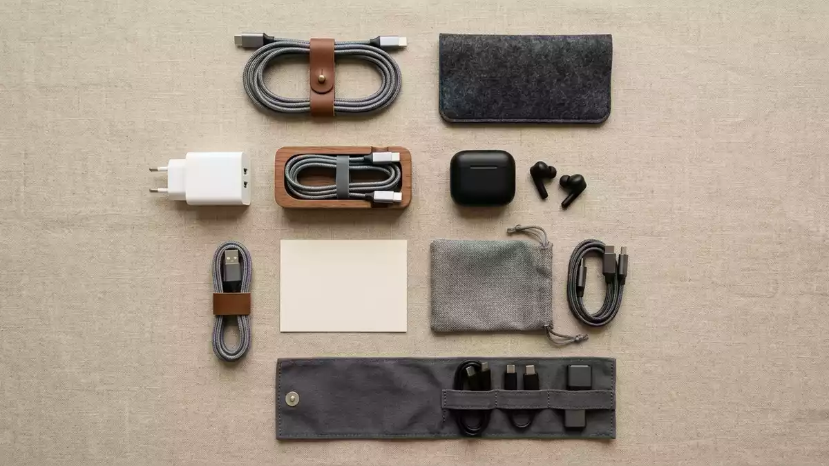 Flatlay-Arrangement rund um Ladekabel mit passenden Requisiten von oben, neutral