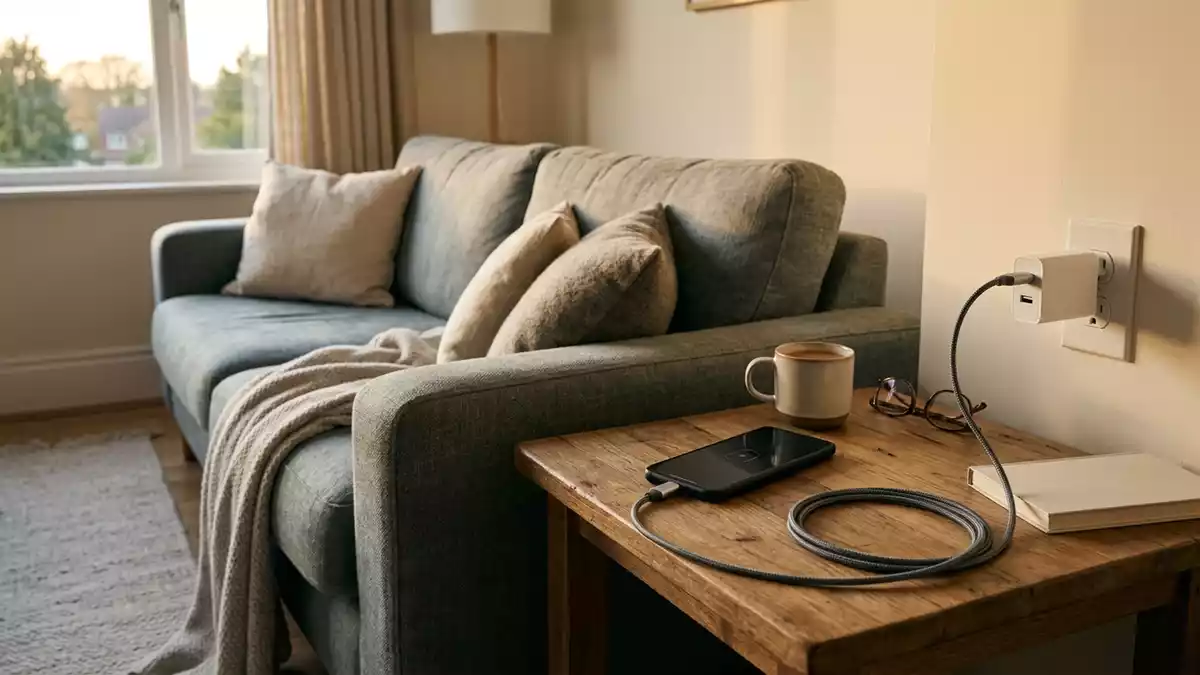 Fotorealistische Ansicht von Ladekabel am Sofa in warmem Abendlicht, neutral