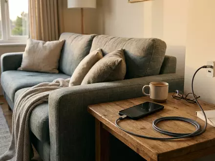 Fotorealistische Aufnahme von Ladekabel am Sofa zum Thema Mophie USB-C auf Lightning, warmes Abendlicht - Foto: THN