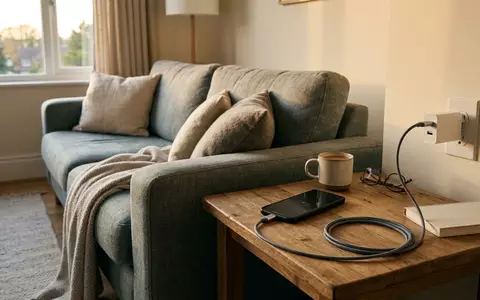 Fotorealistische Aufnahme von Ladekabel am Sofa zum Thema Mophie USB-C auf Lightning, warmes Abendlicht - Foto: THN
