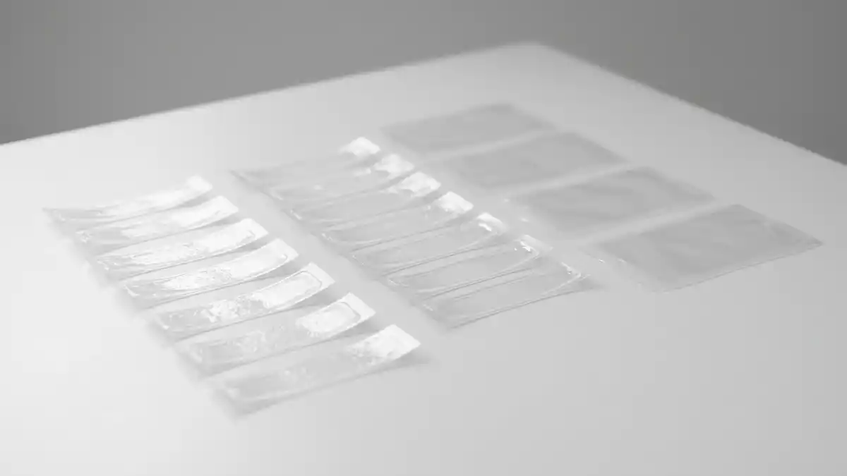 Fotorealistische Studioansicht von Zahnaufhellungsstreifen in neutraler Produktdarstellung
