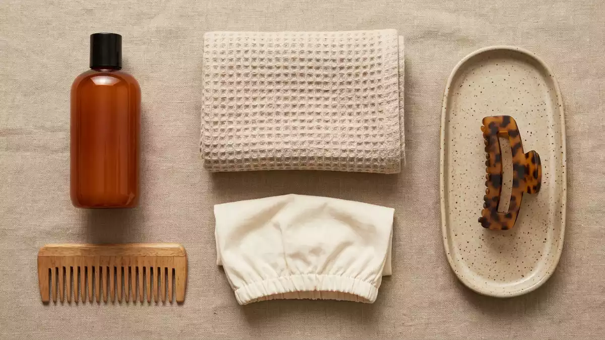 Flatlay-Arrangement rund um Shampoo mit passenden Requisiten von oben, neutral