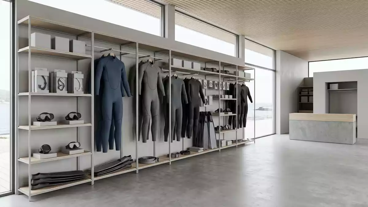 Architektur-Render im Tauchgeschaeft mit Freitauchanzug im Ausstellungsbereich