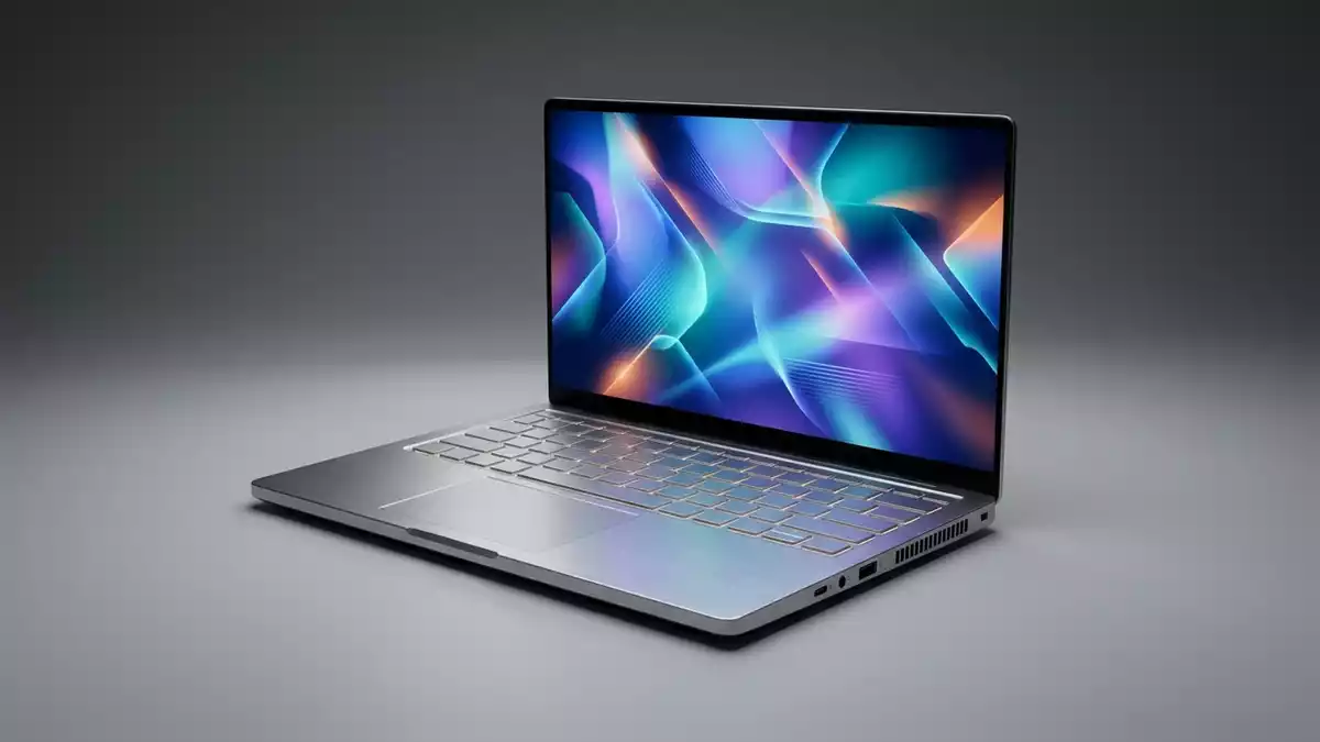 Fotorealistische Studioansicht von Laptop in neutraler Produktdarstellung, neutral