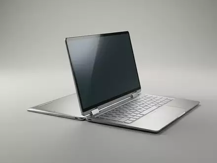 Fotorealistische Studioaufnahme von Convertible Laptop zum Thema Samsung Galaxy Book4 Pro, klare Lichtfuehrung - Foto: THN