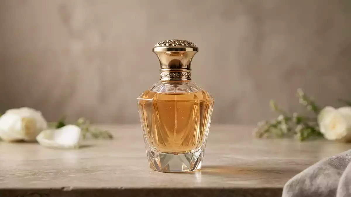 Fotorealistische Studioansicht von Eau de Parfum in neutraler Produktdarstellung