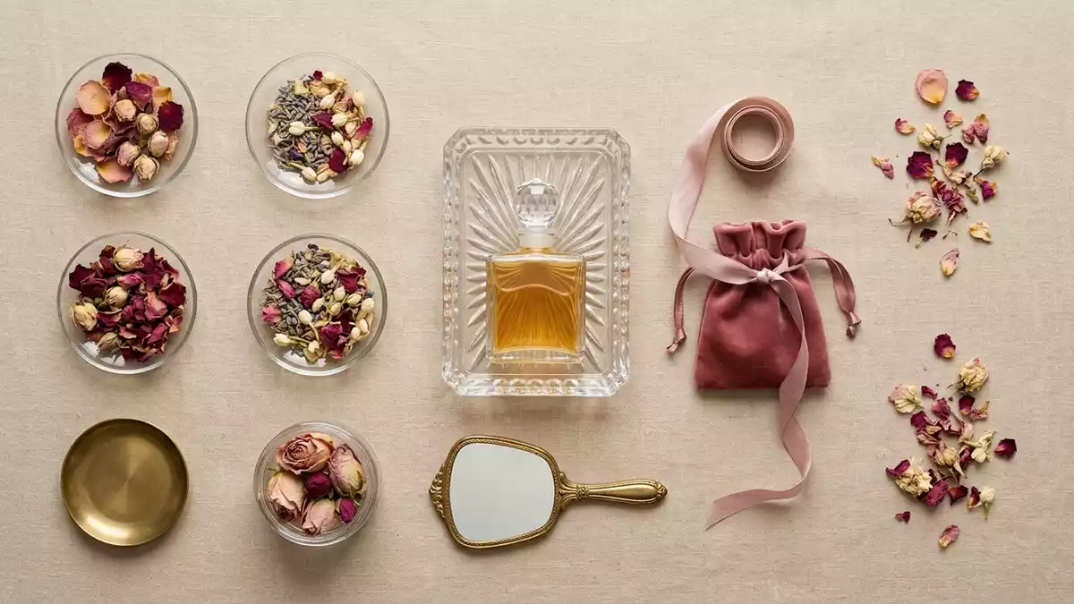 Flatlay-Arrangement rund um Eau de Parfum mit passenden Requisiten von oben, neutral