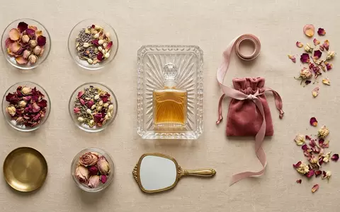 Flatlay-Arrangement rund um Eau de Parfum zum Thema Salvatore Ferragamo Signorina Eleganza, weiches Oberlicht - Foto: THN