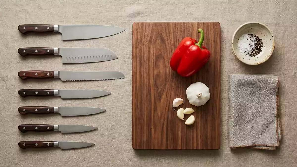Flatlay-Arrangement rund um Messerset mit passenden Requisiten von oben, neutral