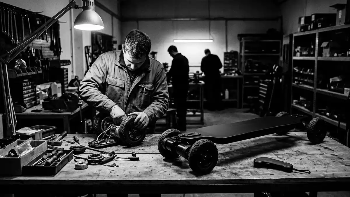 Schwarzweiss-Reportagebild mit Elektro-Skateboard in dokumentarischer Arbeitsumgebung