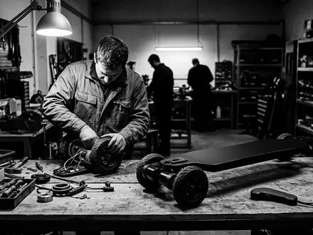 Schwarzweiss-Reportage mit Elektro-Skateboard zum Thema WowGo 2S Pro Elektrisches, hoher Kontrast, sachlich dargestellt - Foto: THN