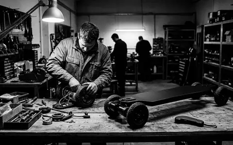 Schwarzweiss-Reportage mit Elektro-Skateboard zum Thema WowGo 2S Pro Elektrisches, hoher Kontrast, sachlich dargestellt - Foto: THN