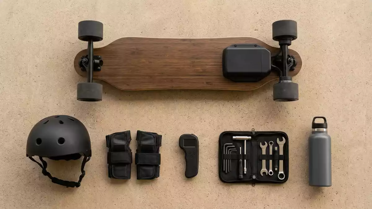 Flatlay-Arrangement rund um Elektro-Skateboard mit passenden Requisiten von oben