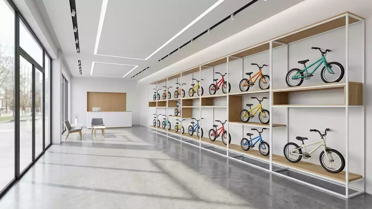 Architektur-Render im Fahrradgeschaeft mit Kinderfahrrad im Ausstellungsbereich