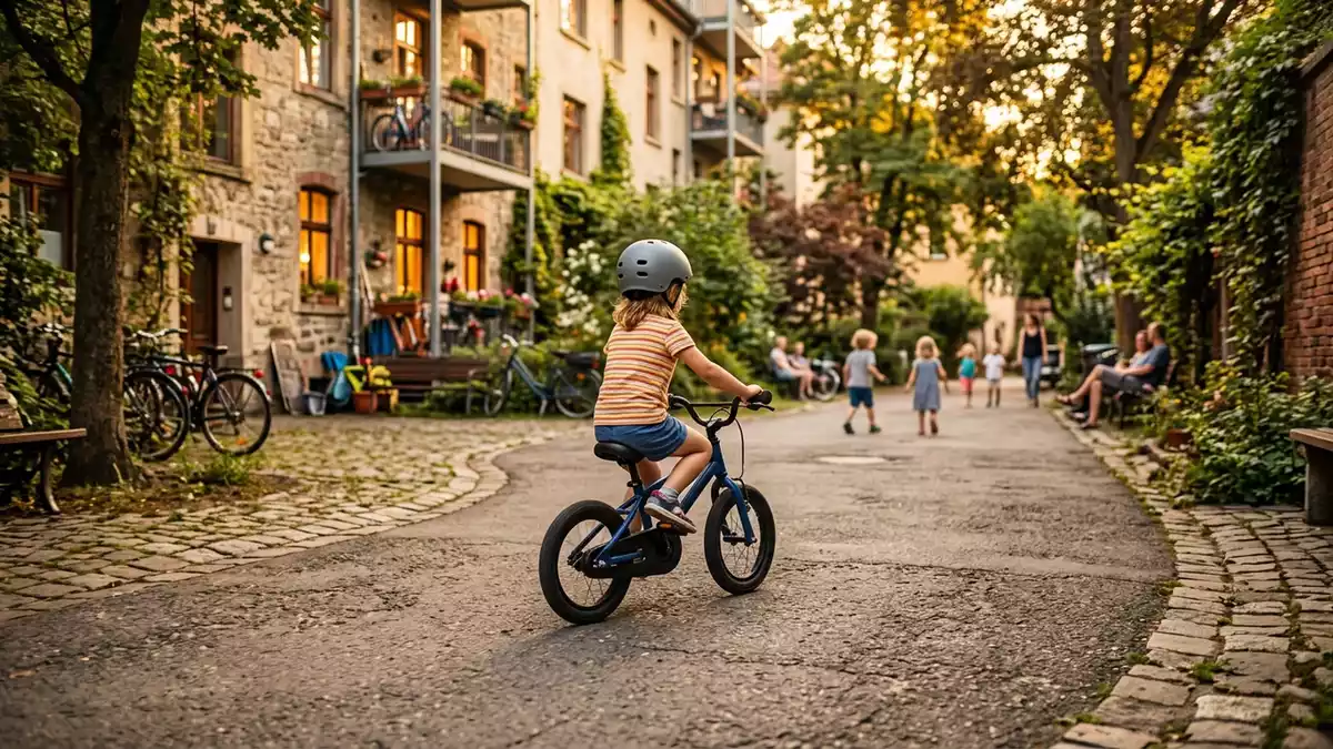 Fotorealistische Ansicht von Kinderfahrrad im Innenhof in warmem Abendlicht, neutral