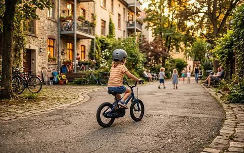 Fotorealistische Aufnahme von Kinderfahrrad im Innenhof zum Thema woom 3 Kinderfahrrad 16, warmes Abendlicht - Foto: THN
