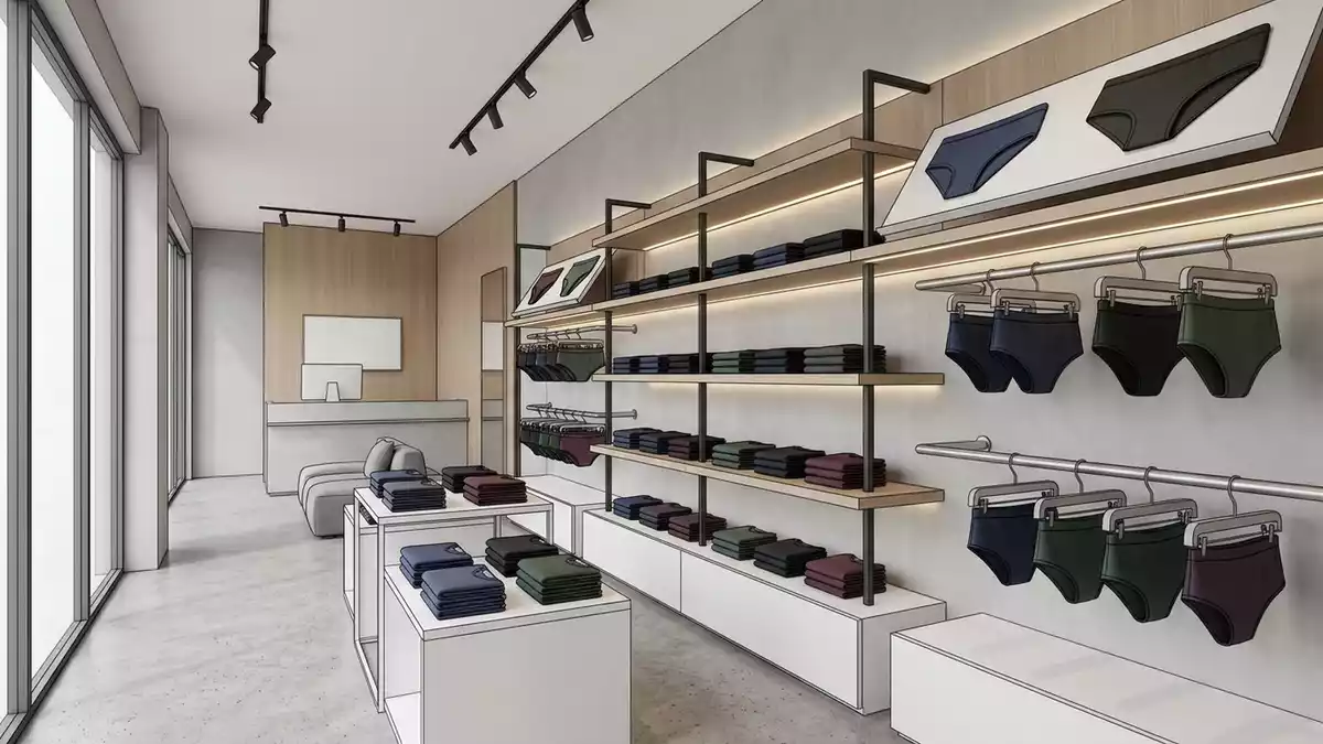 Architektur-Render im Bademodenladen mit Badehose im Ausstellungsbereich, neutral