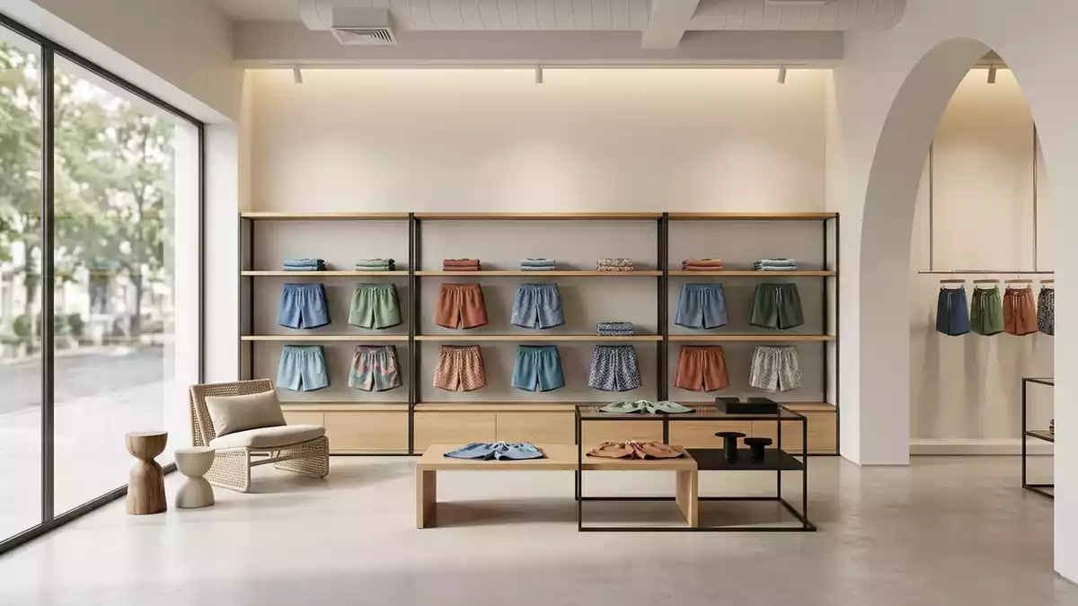 Architektur-Render im Bademodenladen mit Badeshorts im Ausstellungsbereich, neutral