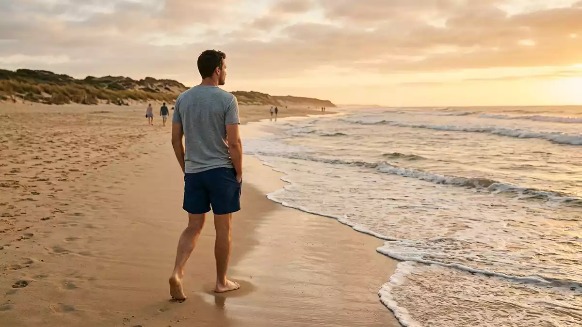 Fotorealistische Ansicht von Badeshorts am Strand in warmem Abendlicht, neutral