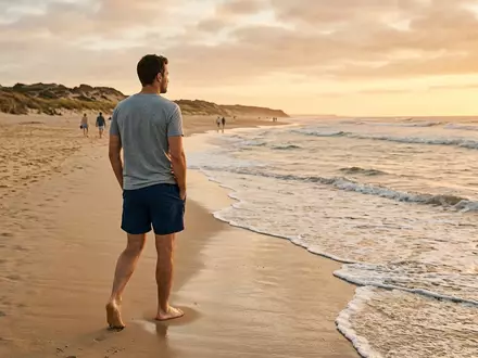 Fotorealistische Aufnahme von Badeshorts am Strand zum Thema Tommy Hilfiger Herren Badeshorts, warmes Abendlicht - Foto: THN