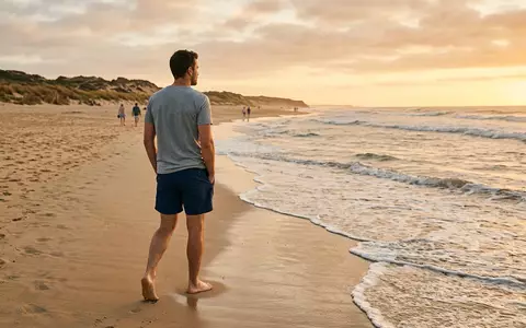 Fotorealistische Aufnahme von Badeshorts am Strand zum Thema Tommy Hilfiger Herren Badeshorts, warmes Abendlicht - Foto: THN