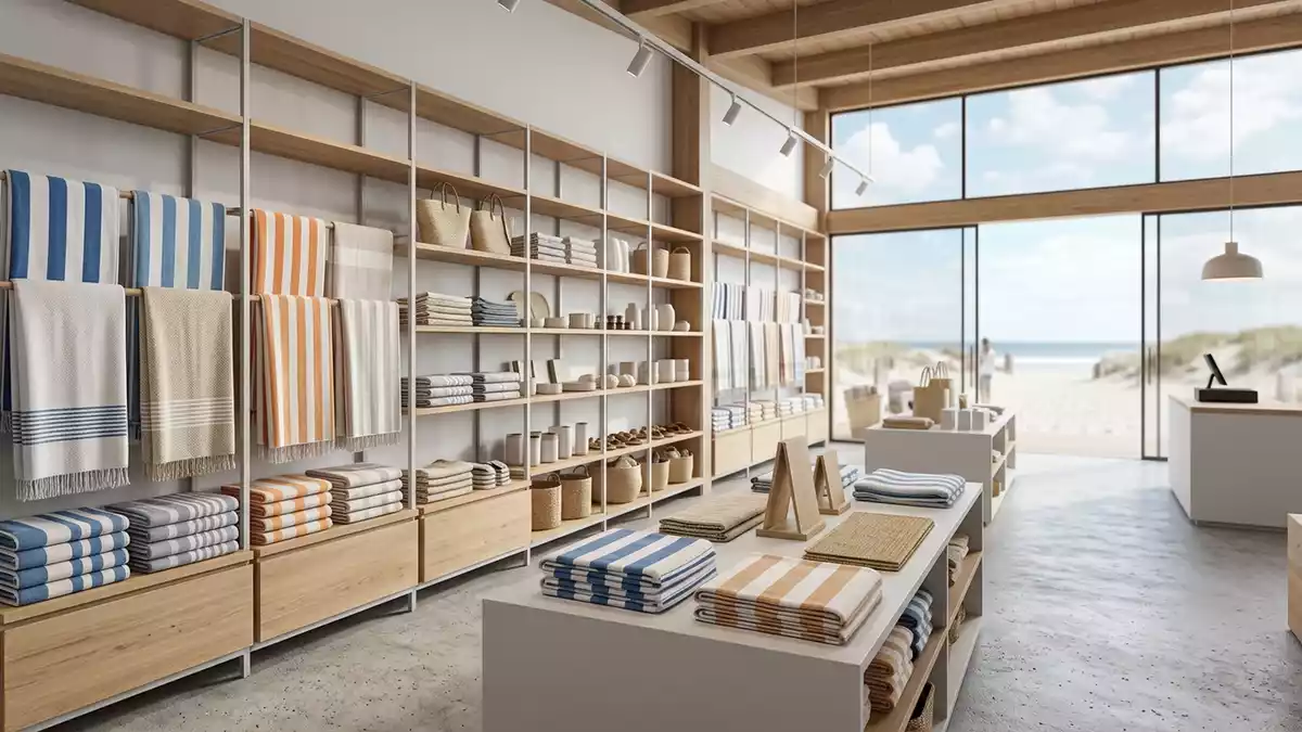 Architektur-Render im Strandaccessoireladen mit Strandtuch im Ausstellungsbereich