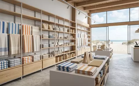 Architektur-Render im Strandaccessoireladen mit Strandtuch zum Thema Tommy Hilfiger Herren Strandtuch, neutrales Tageslicht - Foto: THN