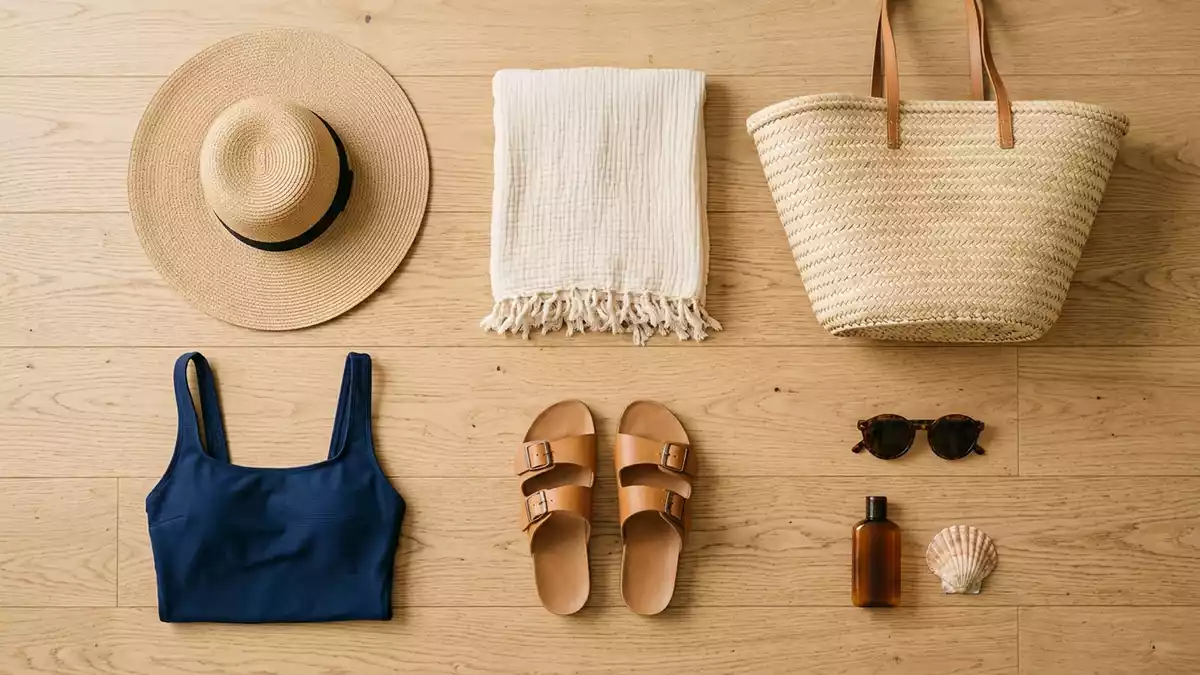 Flatlay-Arrangement rund um Badeanzug mit passenden Requisiten von oben, neutral