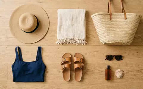 Flatlay-Arrangement rund um Badeanzug zum Thema Tommy Hilfiger Damen Badeanzug, weiches Oberlicht - Foto: THN