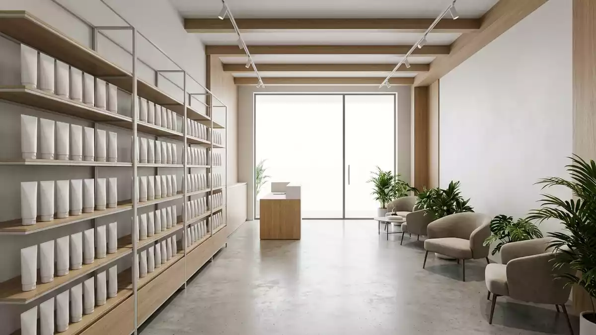 Architektur-Render im Sonnenpflege Boutique mit Sonnencreme im Ausstellungsbereich