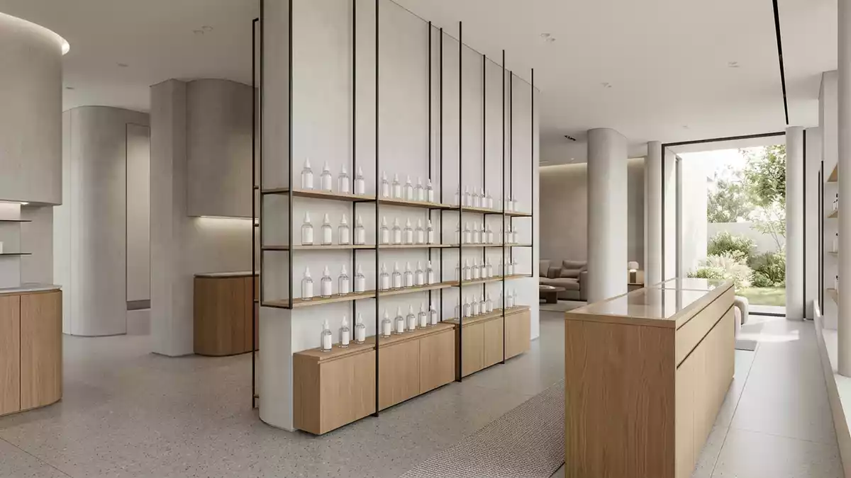 Architektur-Render im Hautpflege Boutique mit Gesichtsserum im Ausstellungsbereich