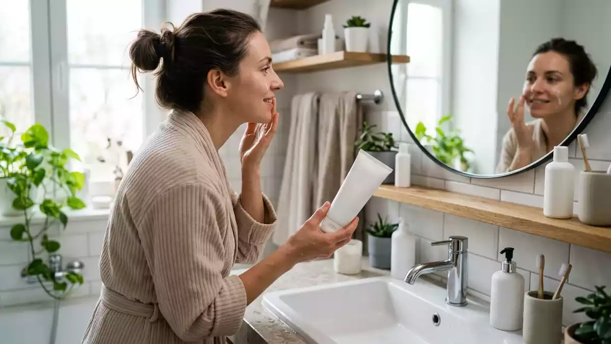 Fotorealistische Ansicht von Gesichtspflege im Badezimmer in realer Umgebung, neutral