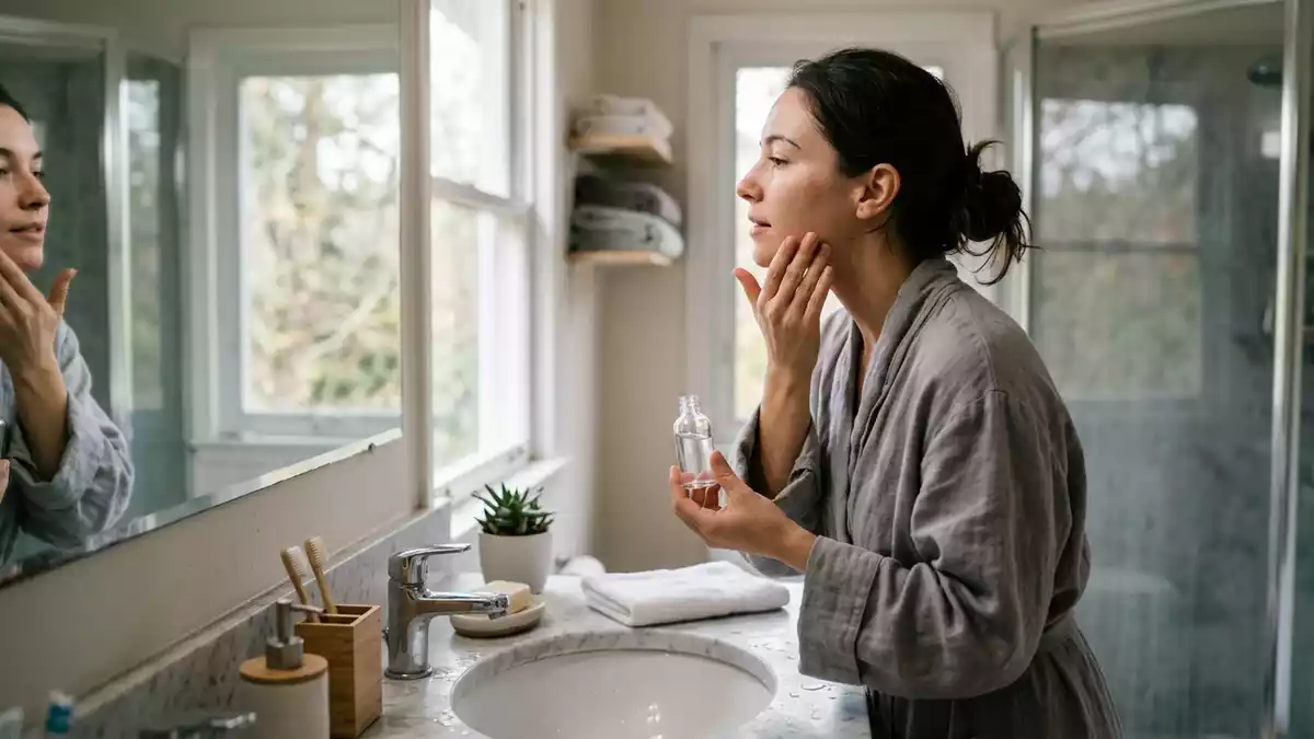 Fotorealistische Ansicht von Hyaluronserum im Badezimmer in realer Umgebung, neutral