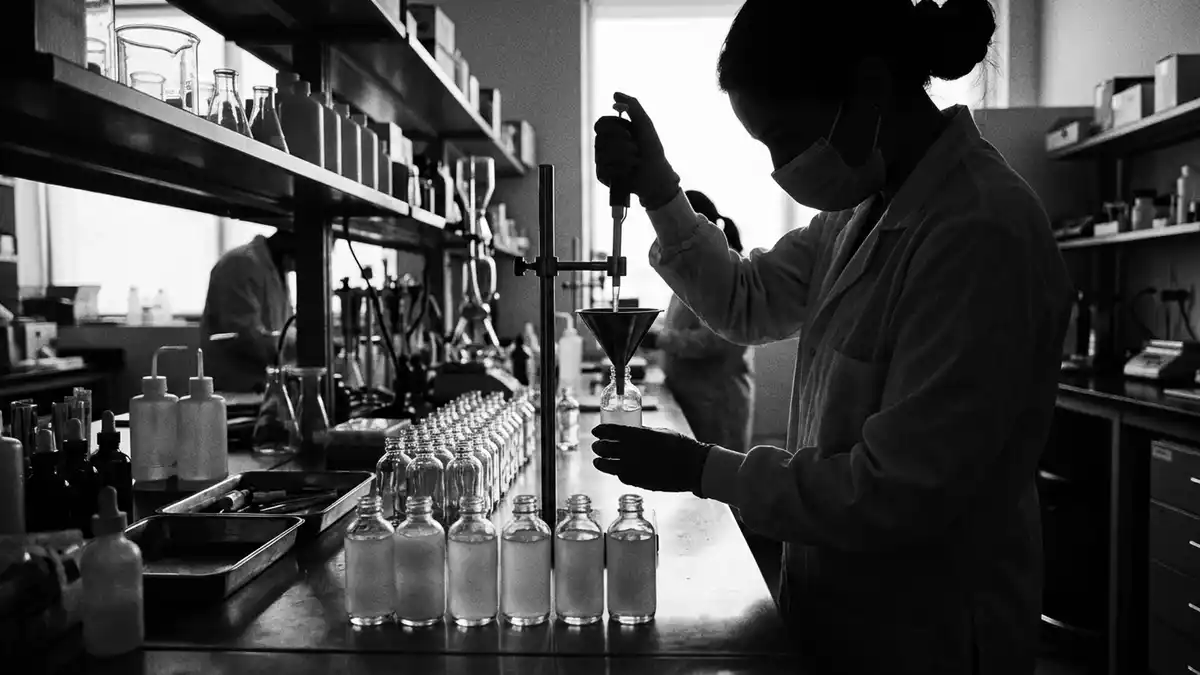 Schwarzweiss-Reportagebild mit Hyaluronserum in dokumentarischer Arbeitsumgebung