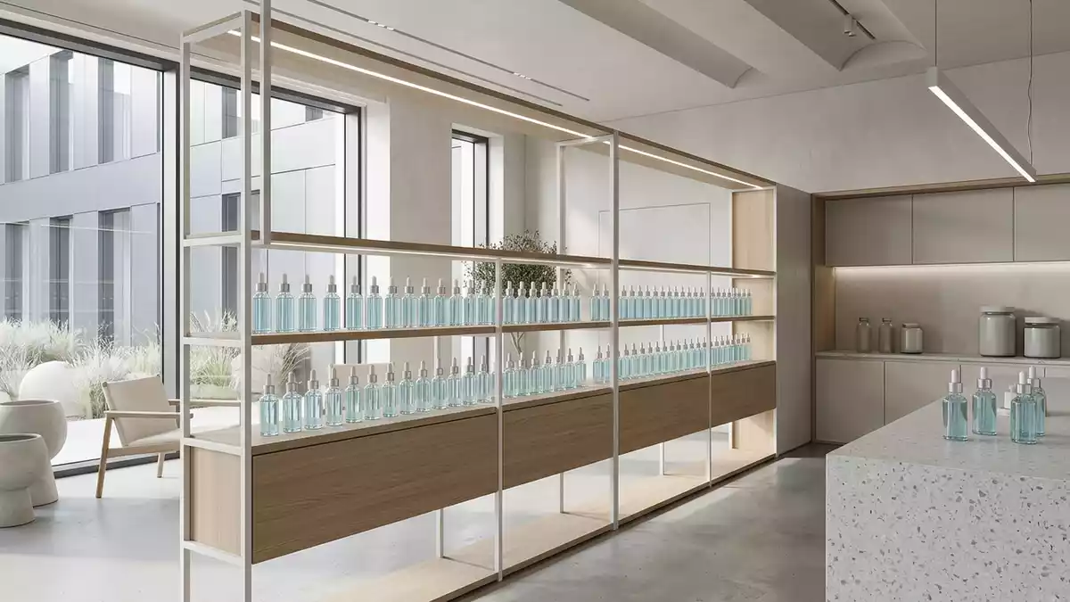 Architektur-Render im Hautpflege Boutique mit Hyaluronserum im Ausstellungsbereich