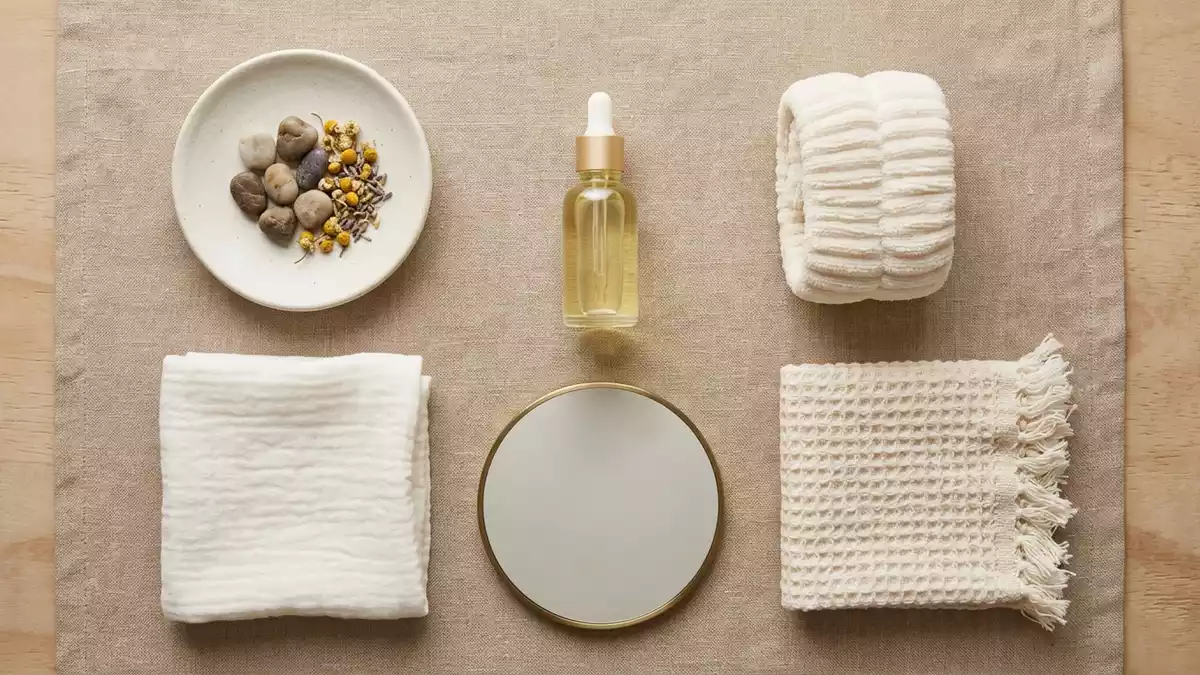 Flatlay-Arrangement rund um Hyaluronserum mit passenden Requisiten von oben, neutral