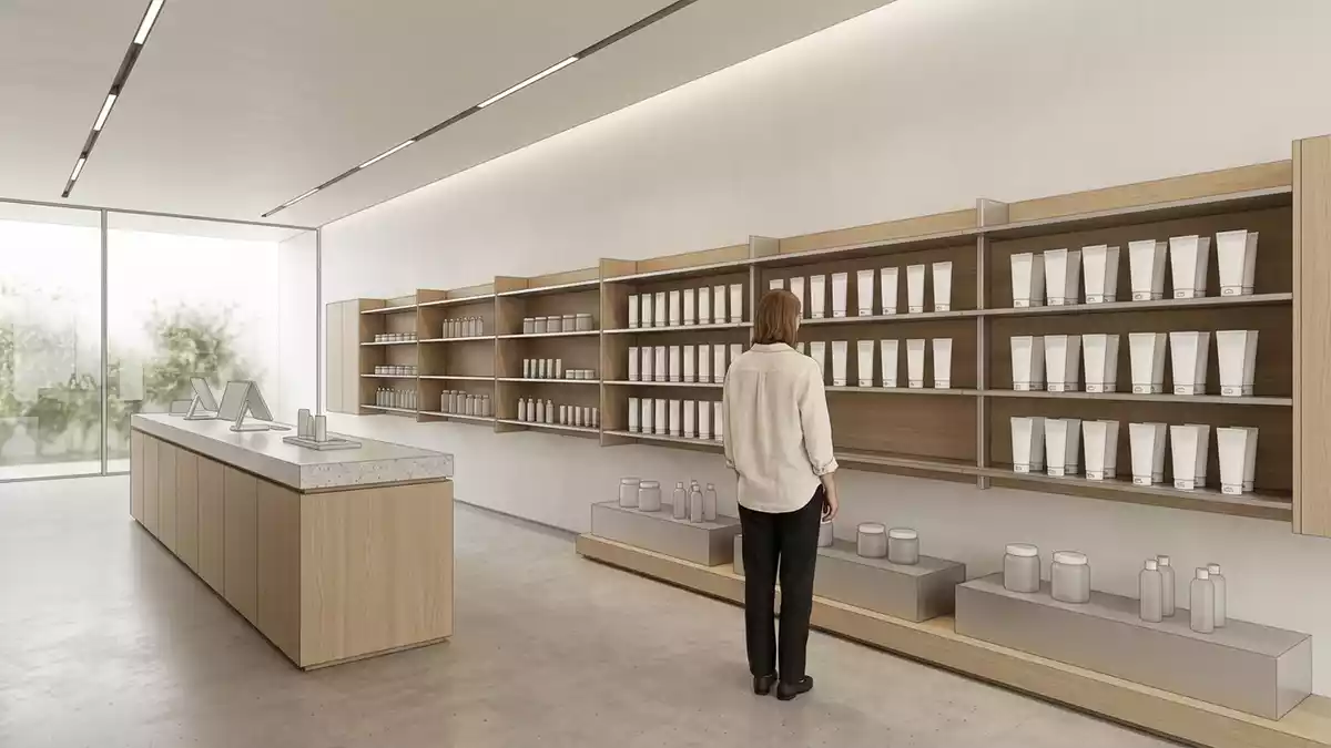 Architektur-Render im Hautpflege Boutique mit Koerperbalsam im Ausstellungsbereich