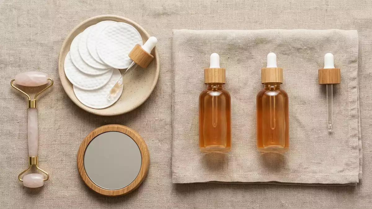 Flatlay-Arrangement rund um Peelingserum mit passenden Requisiten von oben, neutral