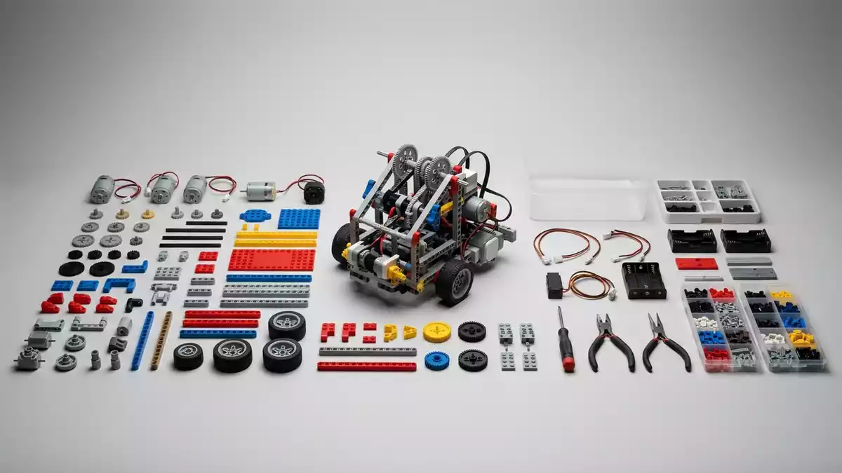 Fotorealistische Studioansicht von Robotik-Bausatz in neutraler Produktdarstellung
