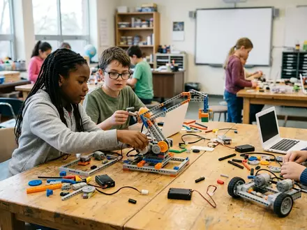 Fotorealistische Aufnahme von Robotik-Bausatz im Klassenraum zum Thema Thames & Kosmos Robotics, natuerliches Licht - Foto: THN