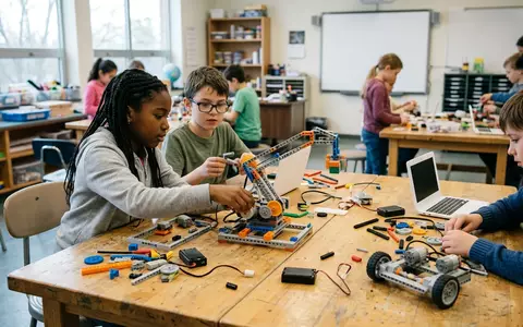 Fotorealistische Aufnahme von Robotik-Bausatz im Klassenraum zum Thema Thames & Kosmos Robotics, natuerliches Licht - Foto: THN