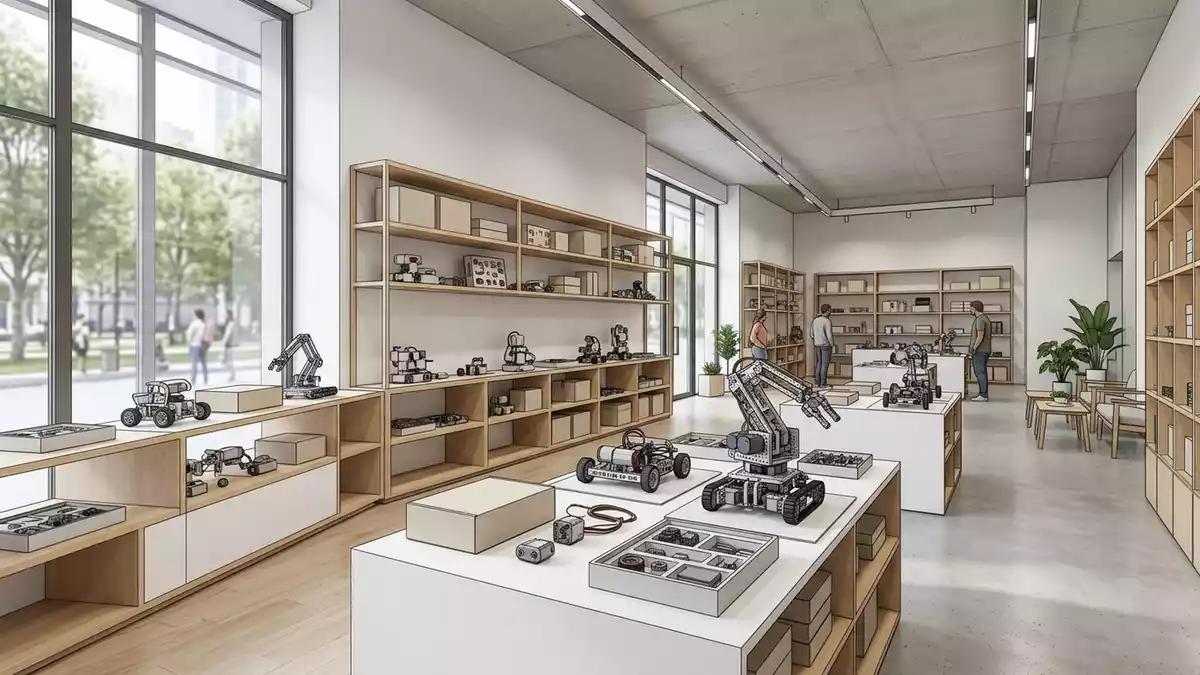 Architektur-Render im Lernspielzeugladen mit Robotik-Bausatz im Ausstellungsbereich