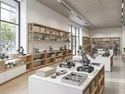 Architektur-Render im Lernspielzeugladen mit Robotik-Bausatz zum Thema Thames & Kosmos Robotics, neutrales Tageslicht - Foto: THN