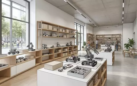 Architektur-Render im Lernspielzeugladen mit Robotik-Bausatz zum Thema Thames & Kosmos Robotics, neutrales Tageslicht - Foto: THN
