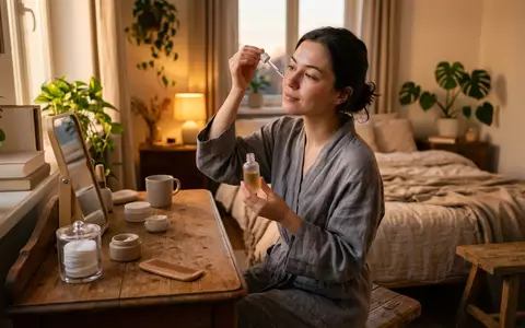 Fotorealistische Aufnahme von Gesichtsserum im Schlafzimmer zum Thema The Ordinary Niacinamide 10%, warmes Abendlicht - Foto: THN
