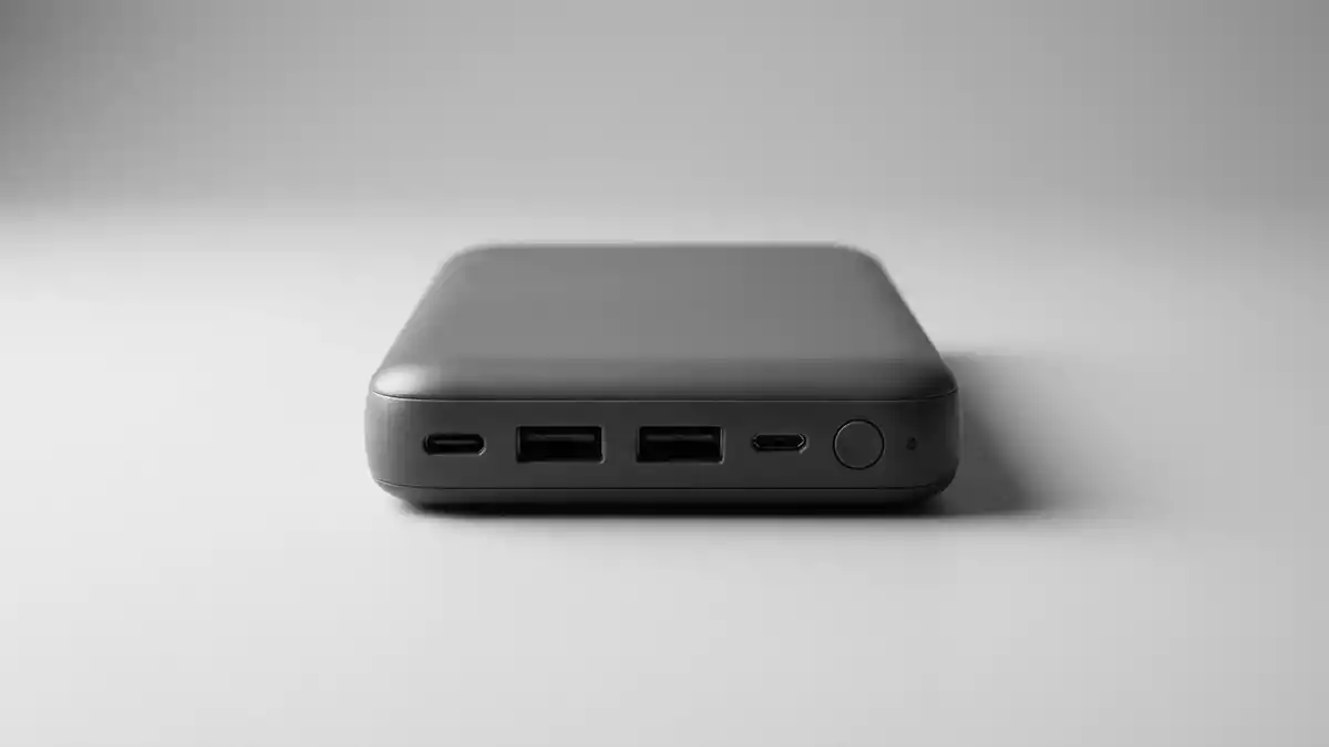 Fotorealistische Studioansicht von Powerbank in neutraler Produktdarstellung, neutral