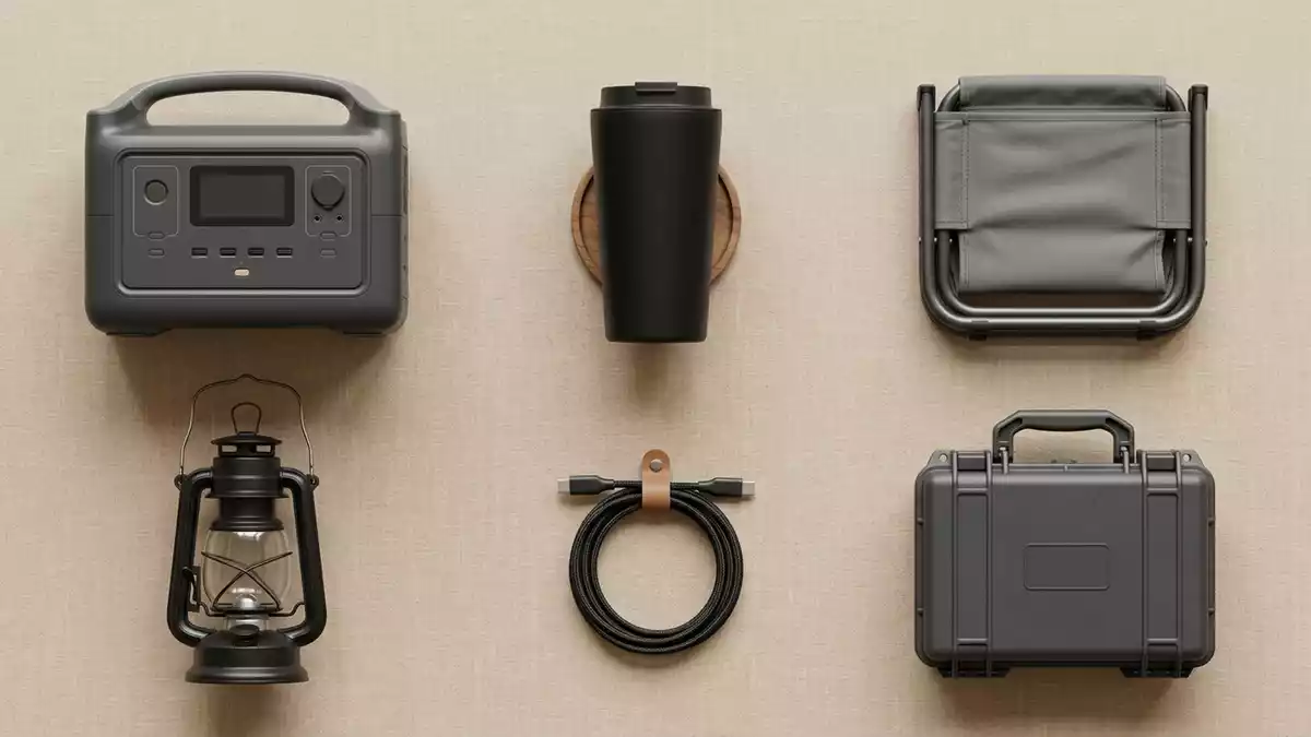 Flatlay-Arrangement rund um Tragbare Powerstation mit passenden Requisiten von oben